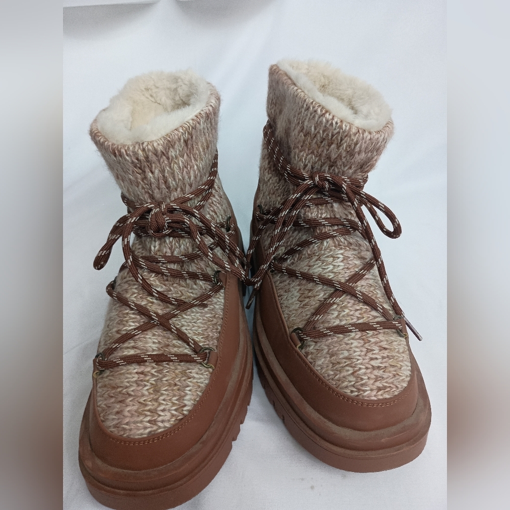 JustFab Brown Knit Faux Fur Fleece Winter Holiday‎ Ankle Booties Slipper Boots